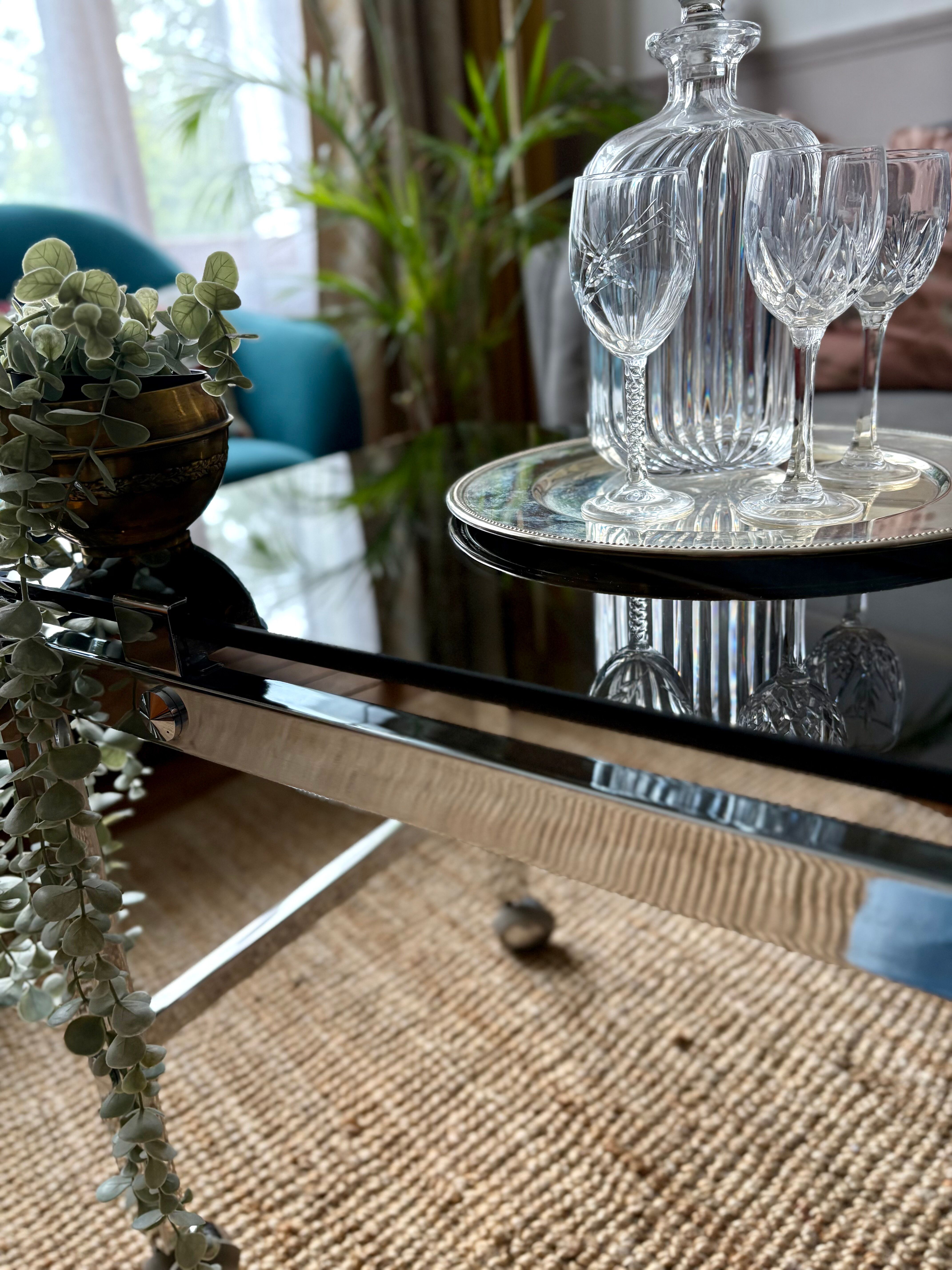 Chrome and smoked glass coffee table on wheels 1970