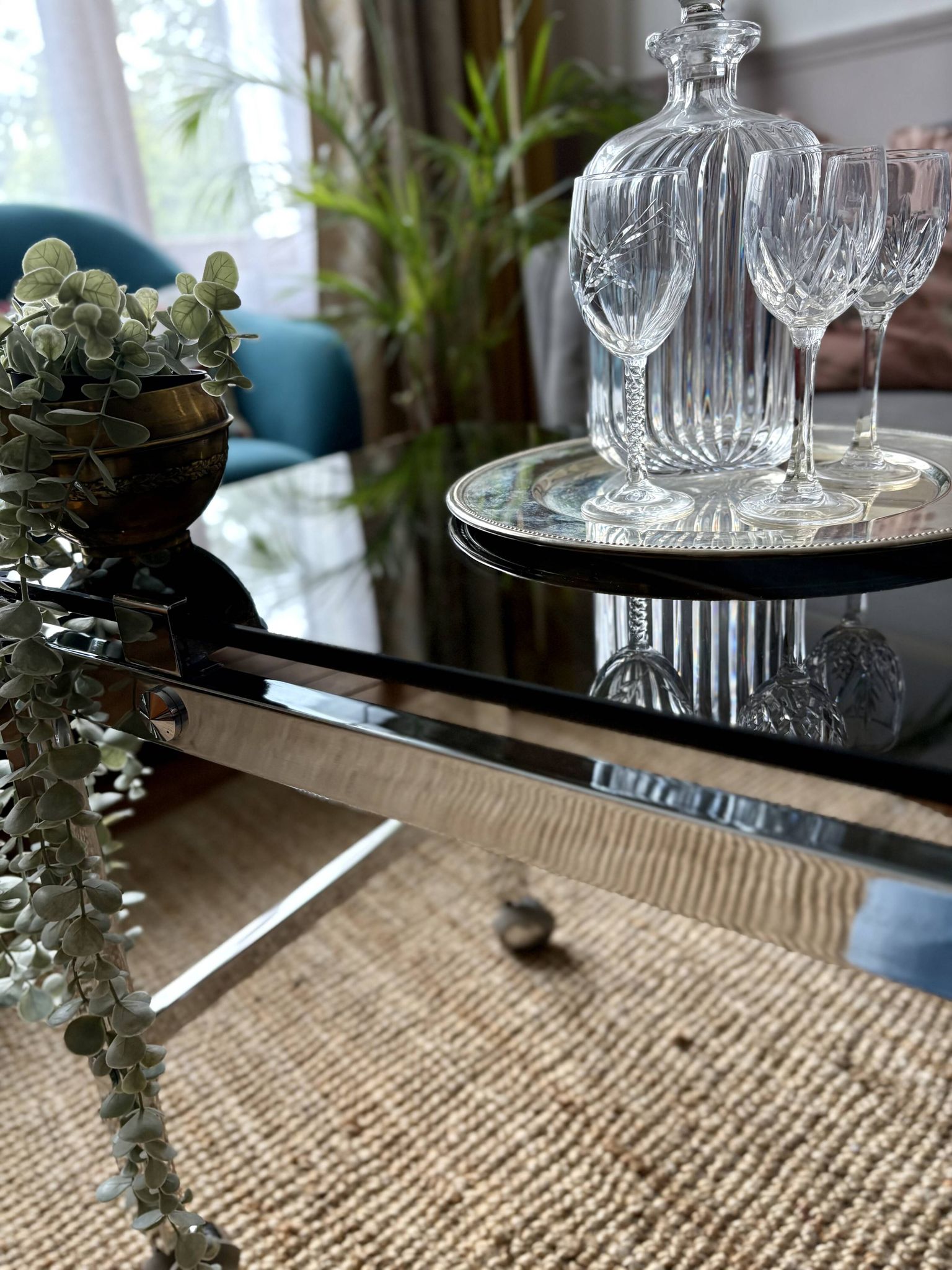 Chrome and smoked glass coffee table on wheels 1970