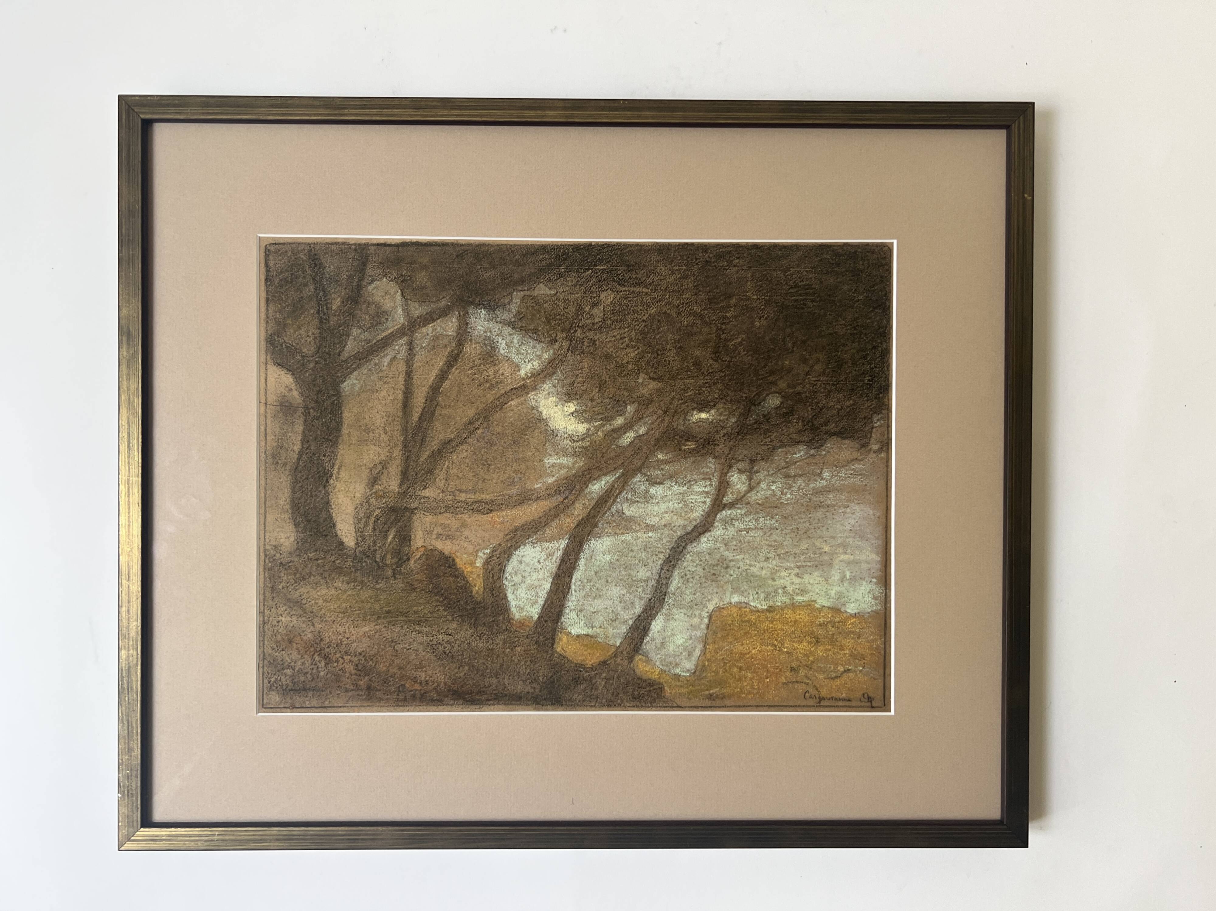 Pastel landscape under glass signed Henri Marchal