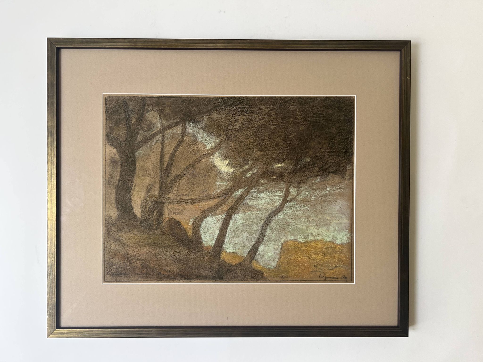 Tableau paysage en pastel sous verre signé Henri Marchal
