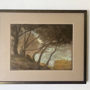 Tableau paysage en pastel sous verre signé Henri Marchal