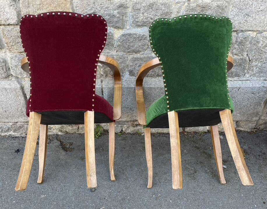 Pair of vintage studded velvet bridge chairs, 1950s