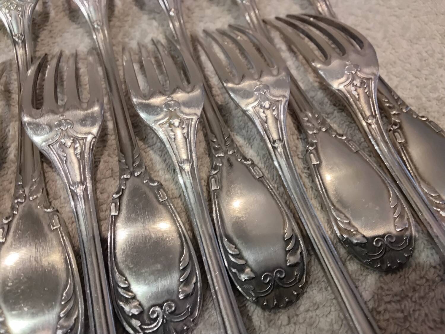12 silver-plated dessert forks, Louis XVI style, silversmith OD