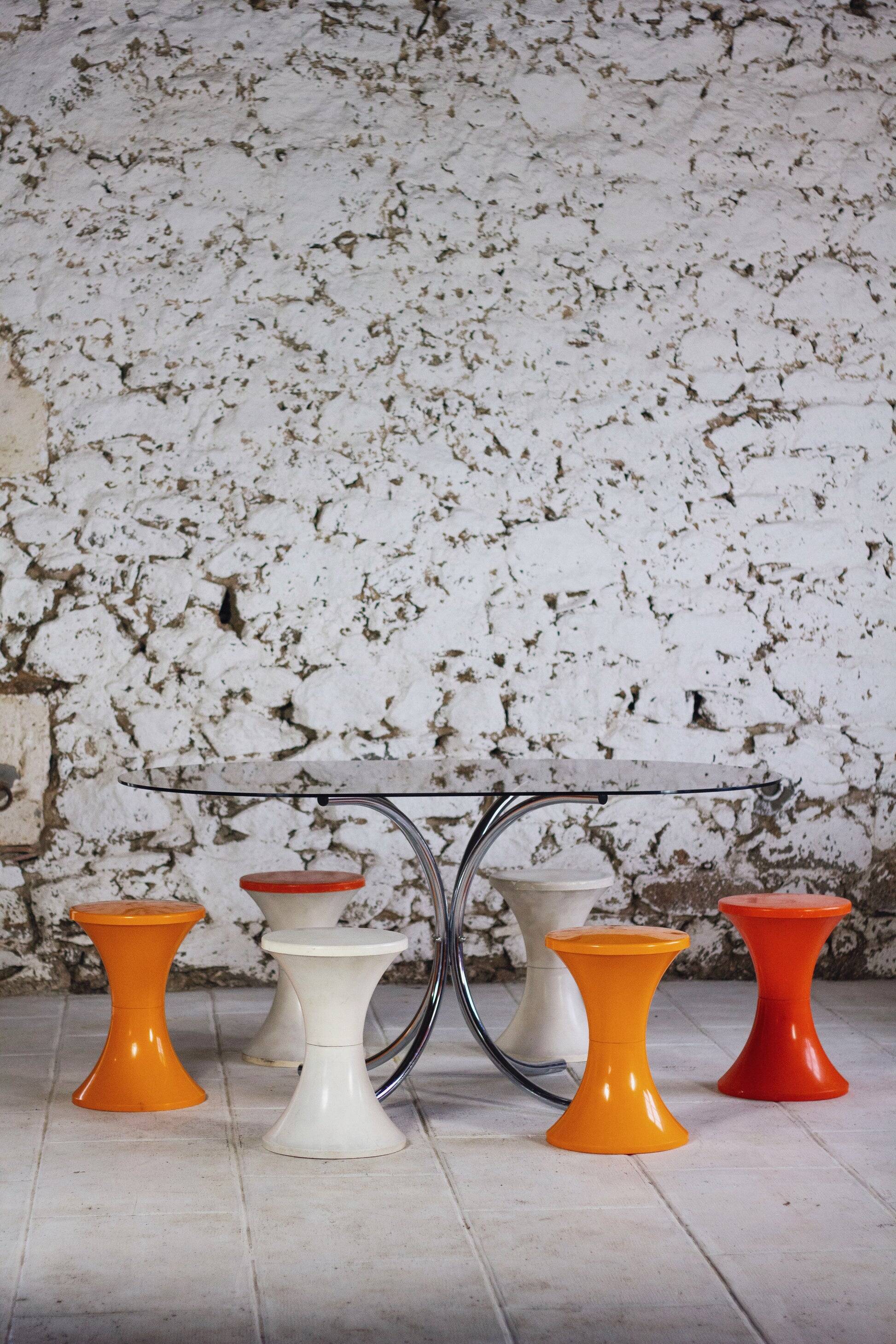 Oval dining table in chrome and smoked glass, 1970.