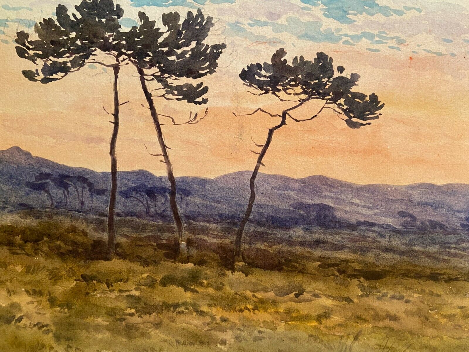Watercolor late nineteenth early twentieth The evening on the moor signed Léon Roger 1886-1924