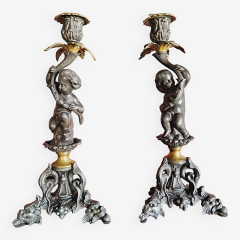 Pair Of Large "Putti" Candlesticks 19th Century