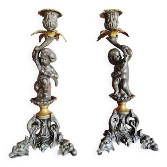 Pair Of Large "Putti" Candlesticks 19th Century