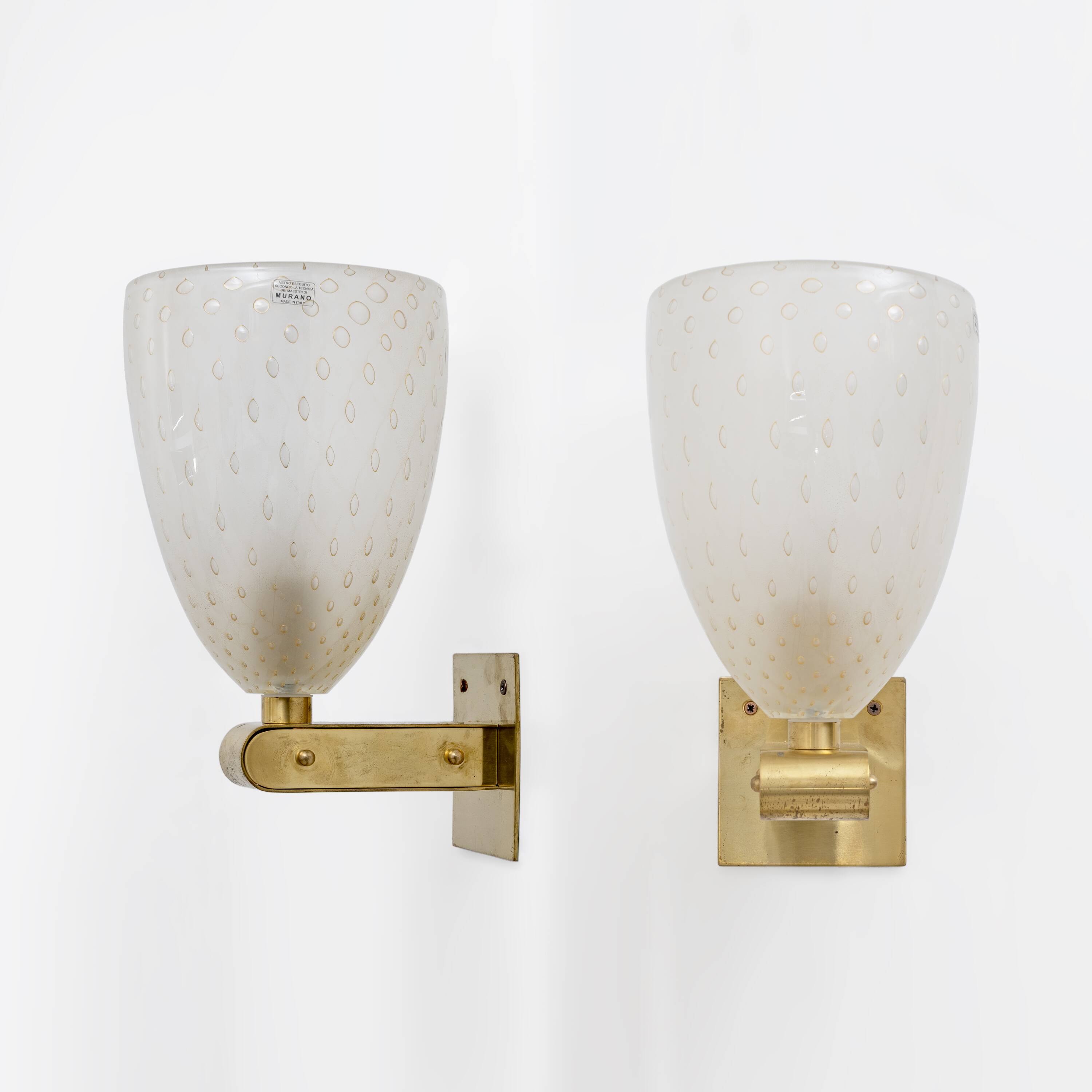Pair of Murano Pulegoso Glass and Brass Wall Sconces, Italy