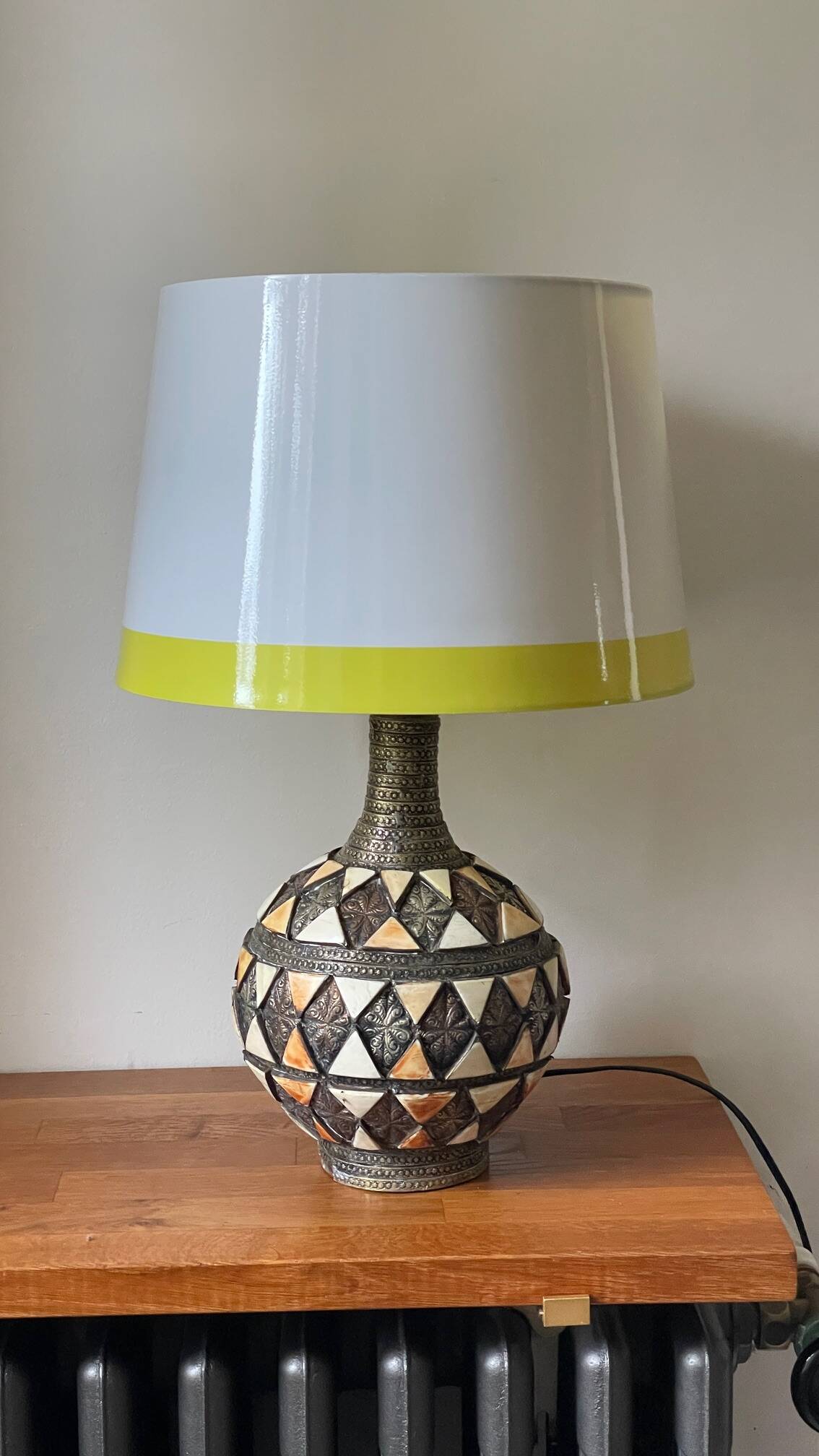 Vintage handcrafted lamp, pottery and silver-plated metal