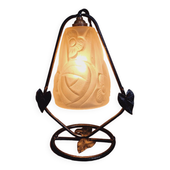 Art Deco night light in wrought iron and satin glass signed Degué