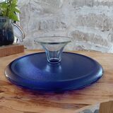 Plat a tarte sur pied en verre style bleu de Murano