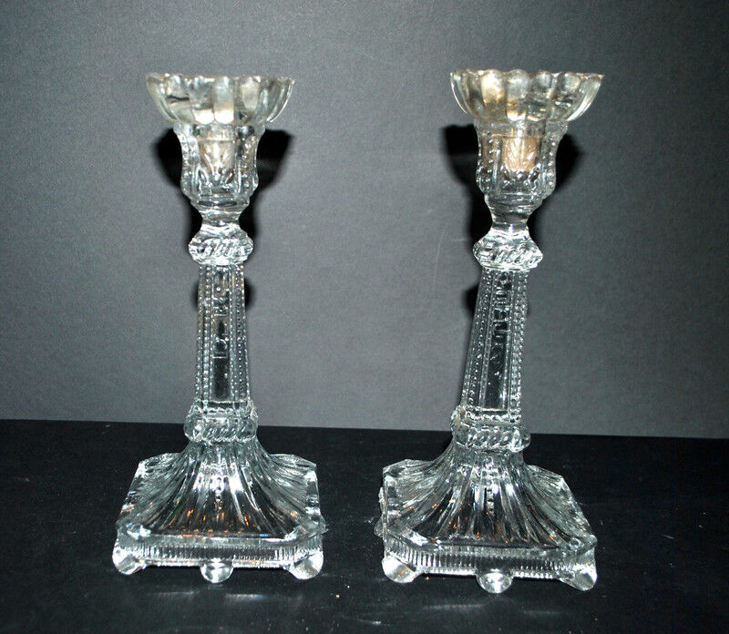 Set of 2 Egyptian-decorated candlesticks, Vallerysthal glassware, 1900