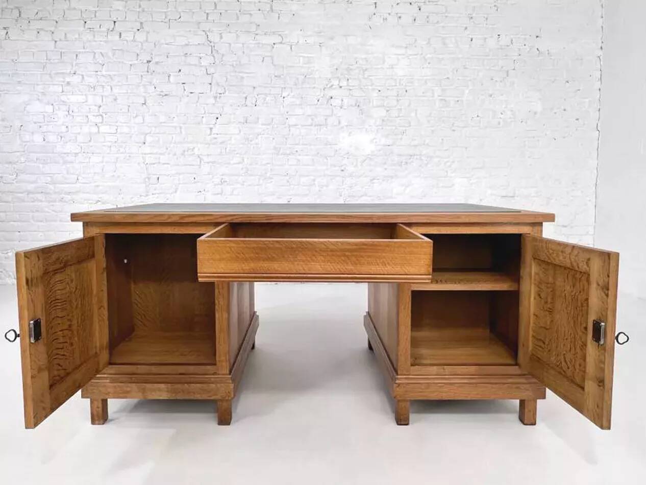 Bureau double face en chêne et cuir