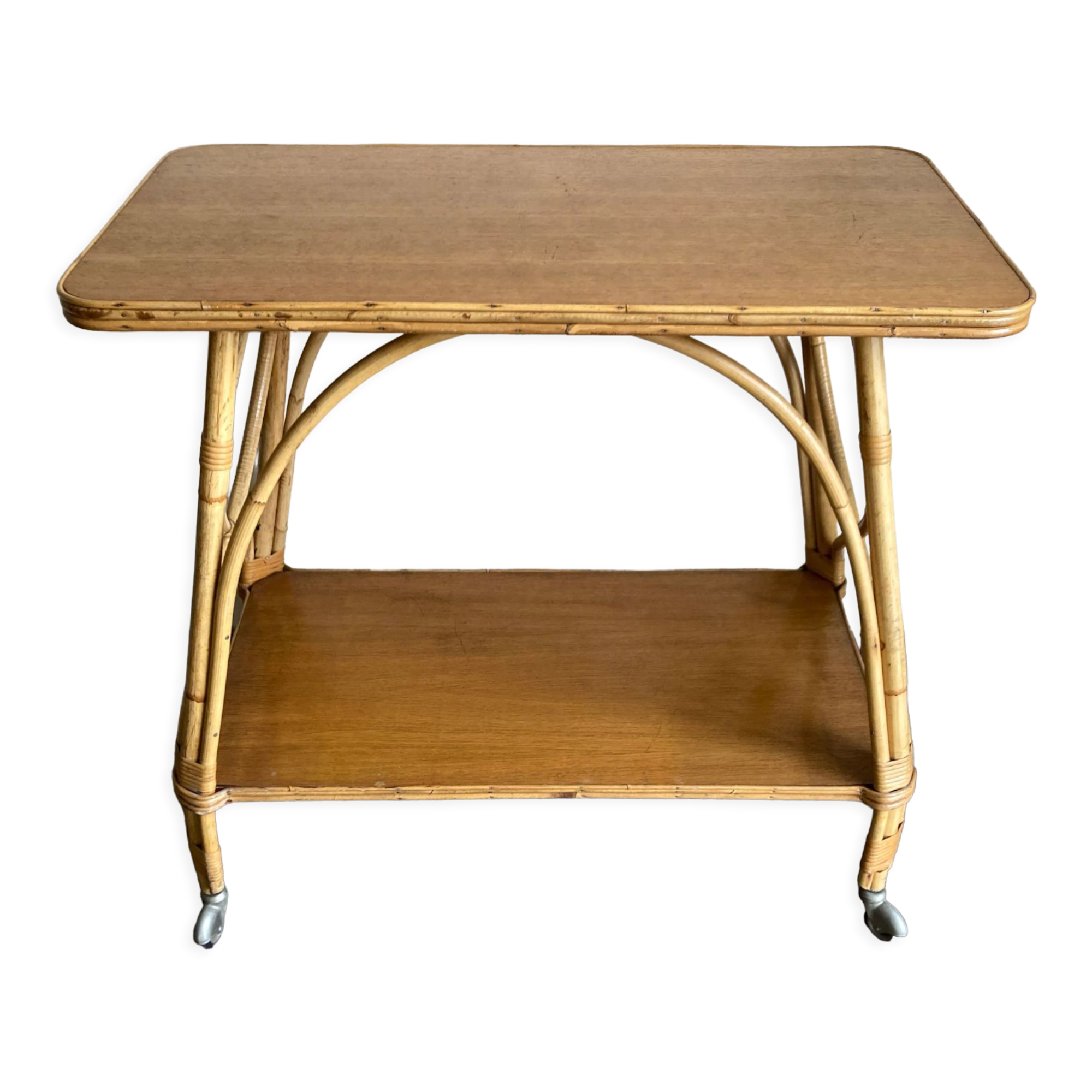 Side table provence 1960 in rattan and plyvood on wheels