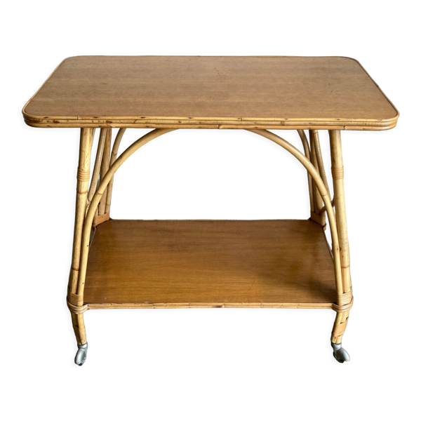 Table d'appoint provence 1960 en rotin et plyvood sur roulettes