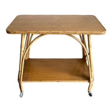 Table d'appoint provence 1960 en rotin et plyvood sur roulettes