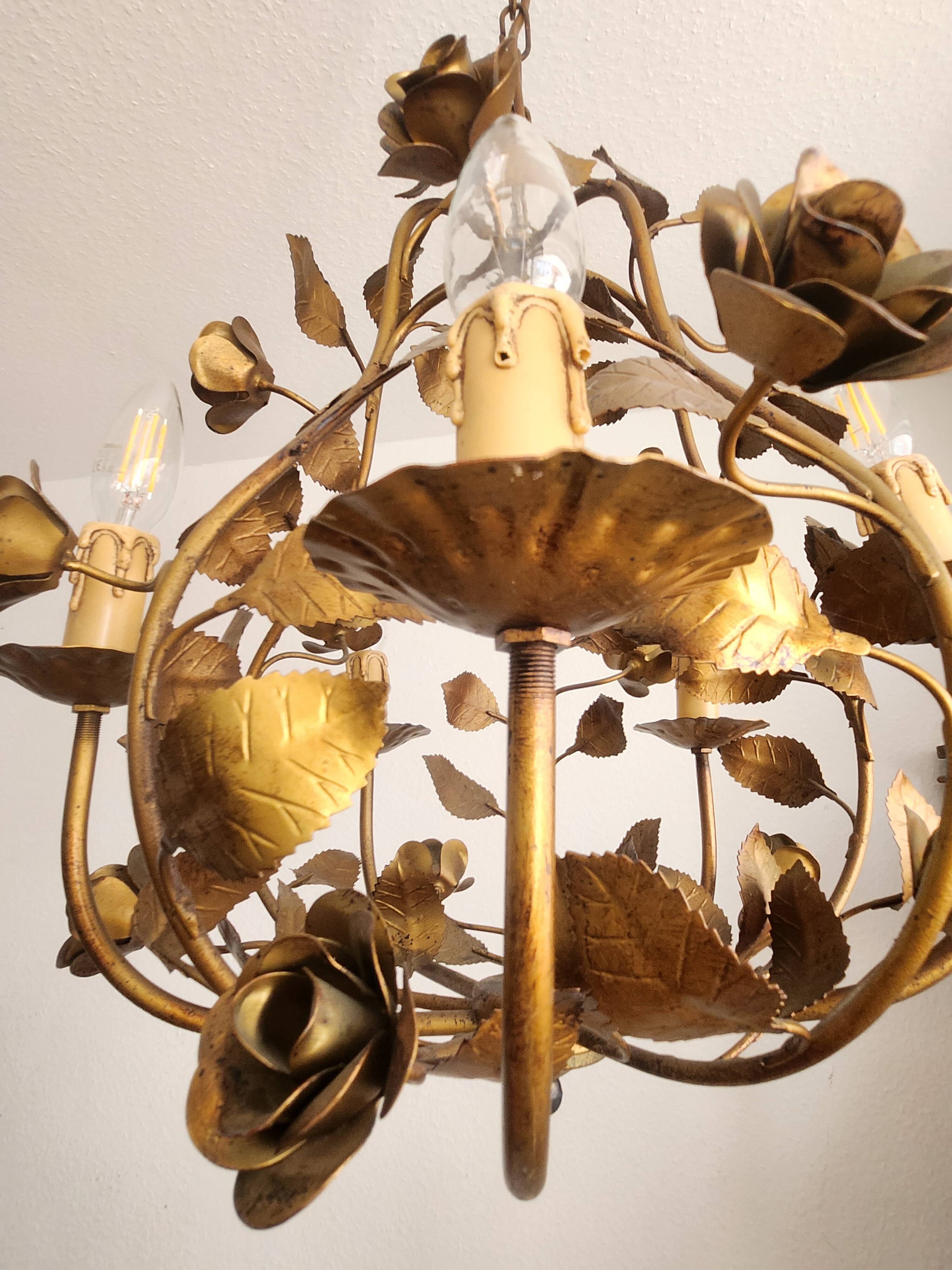 Chandelier hand-forged Hollywood Regency rose leaf decorations