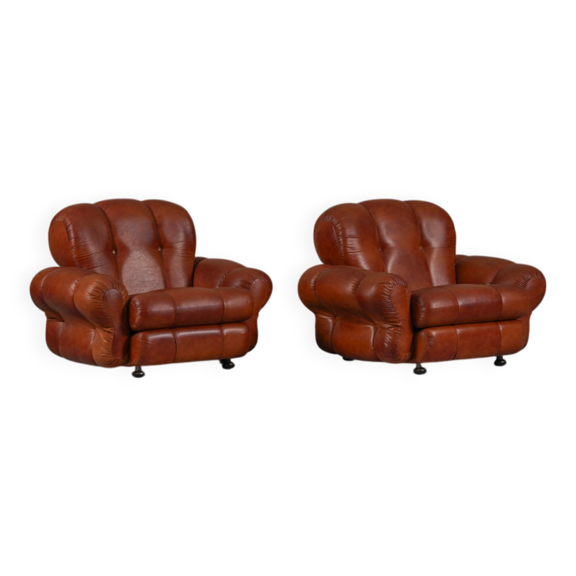Fauteuils de club italiens vintage en simili cuir cognac, Italie années 1970, ensemble de 2