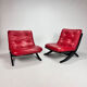 Paire de chauffeuses à ciseaux vintage noir et rouge, années 1970