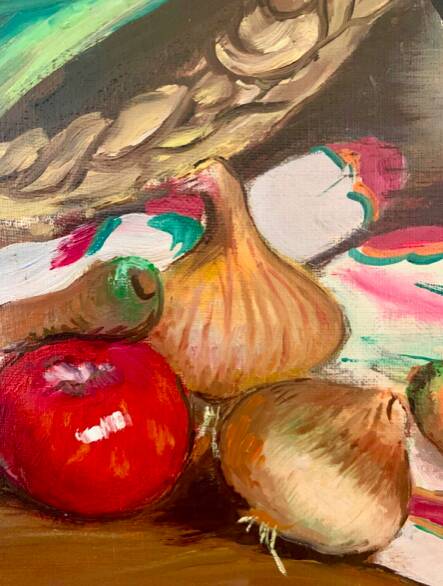 Oil on canvas, Still life "La garbure" signed and countersigned R.CAUMEL 1982