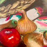 Oil on canvas, Still life "La garbure" signed and countersigned R.CAUMEL 1982