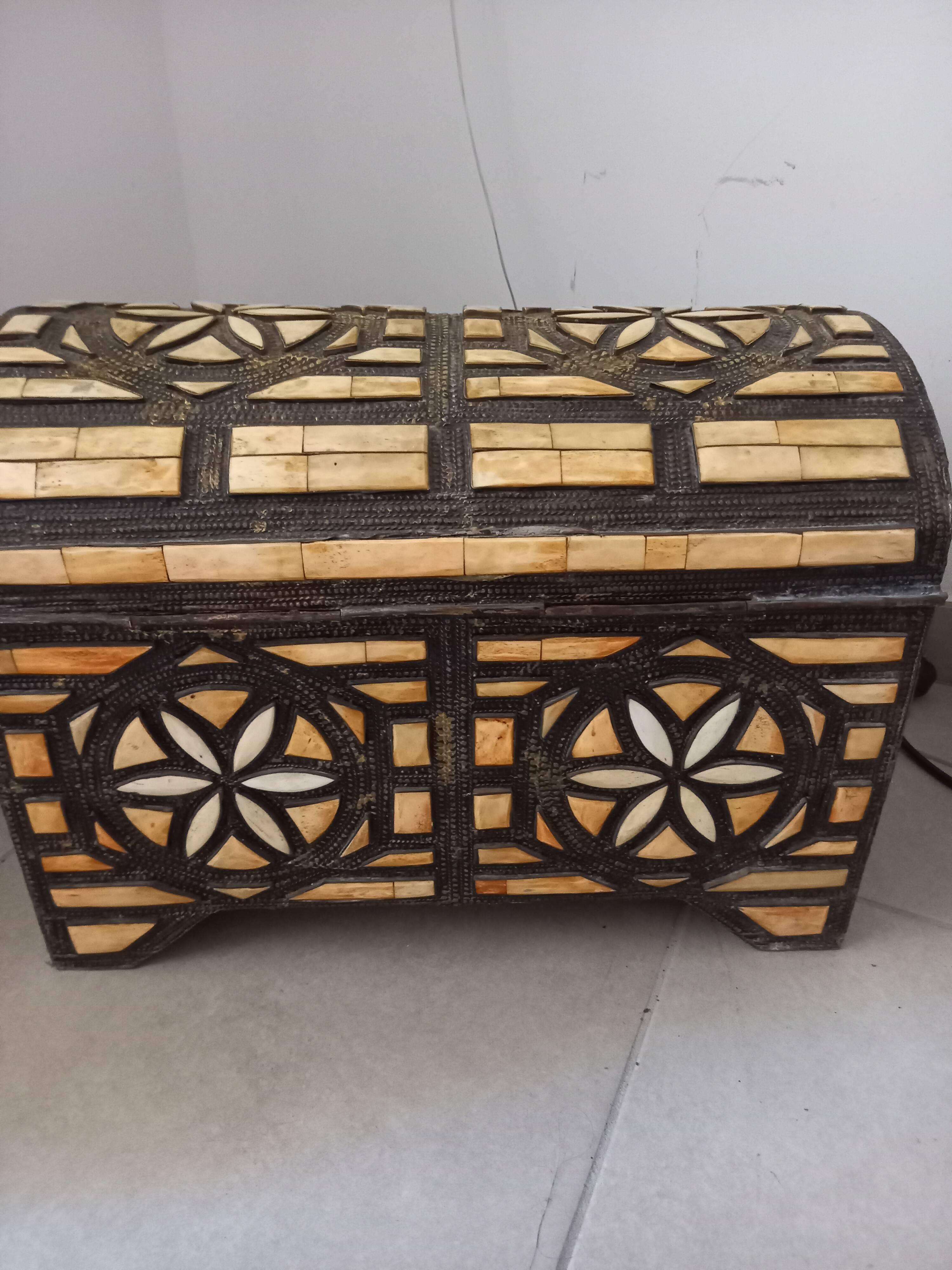 Handcrafted chest made of brass and camel bone.