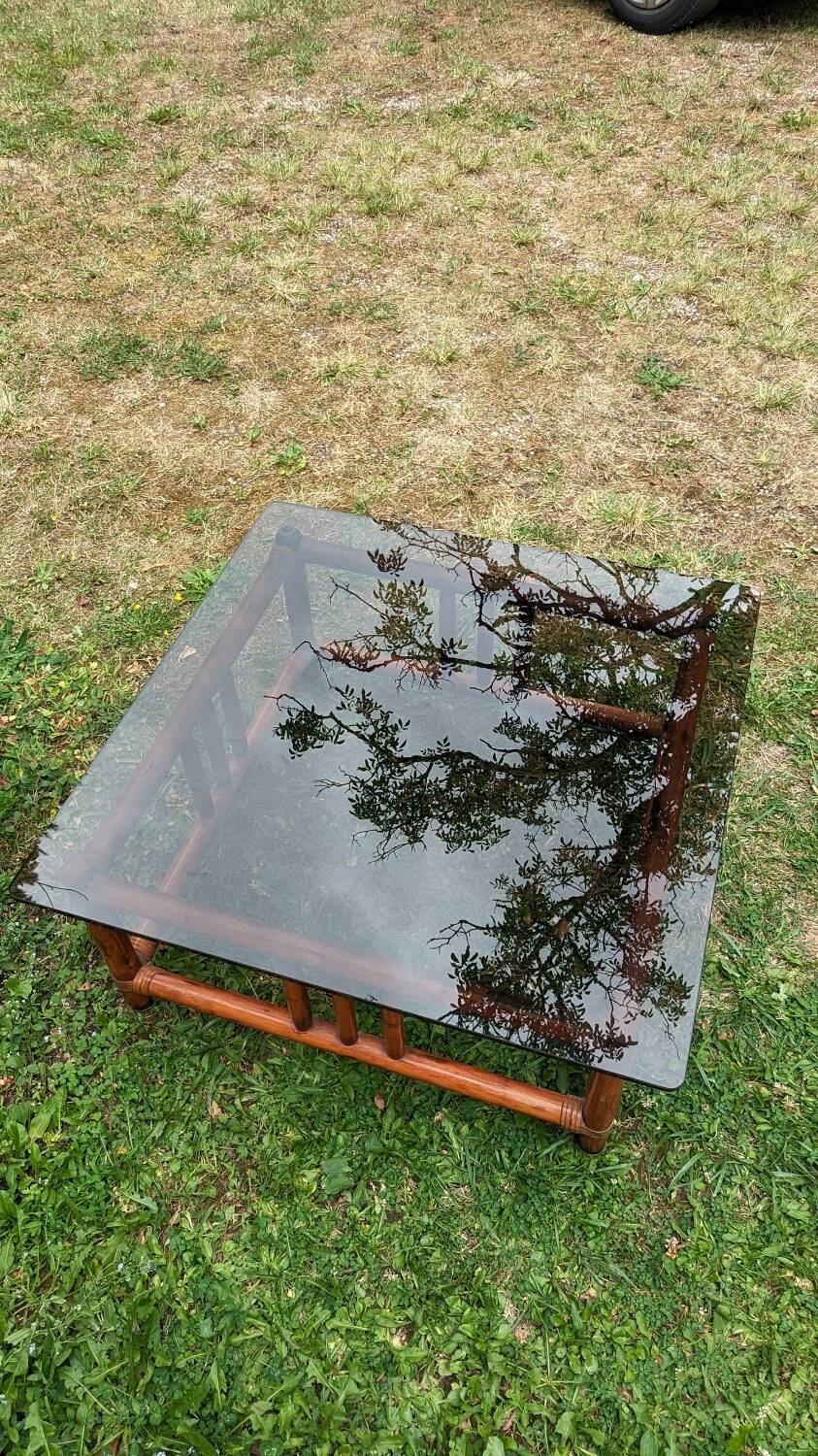 Vintage bohemian chic 70s smoked glass bamboo coffee table