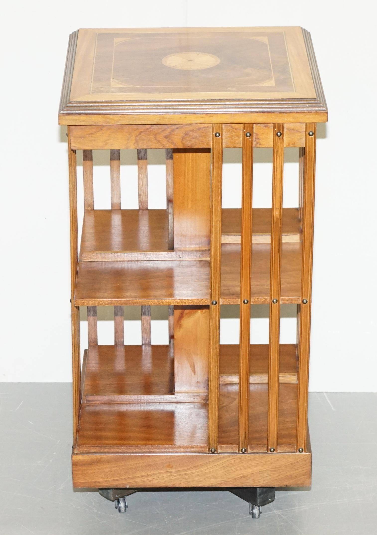 Edwardian revolving library in burl walnut with Sheraton inlay circa 1900