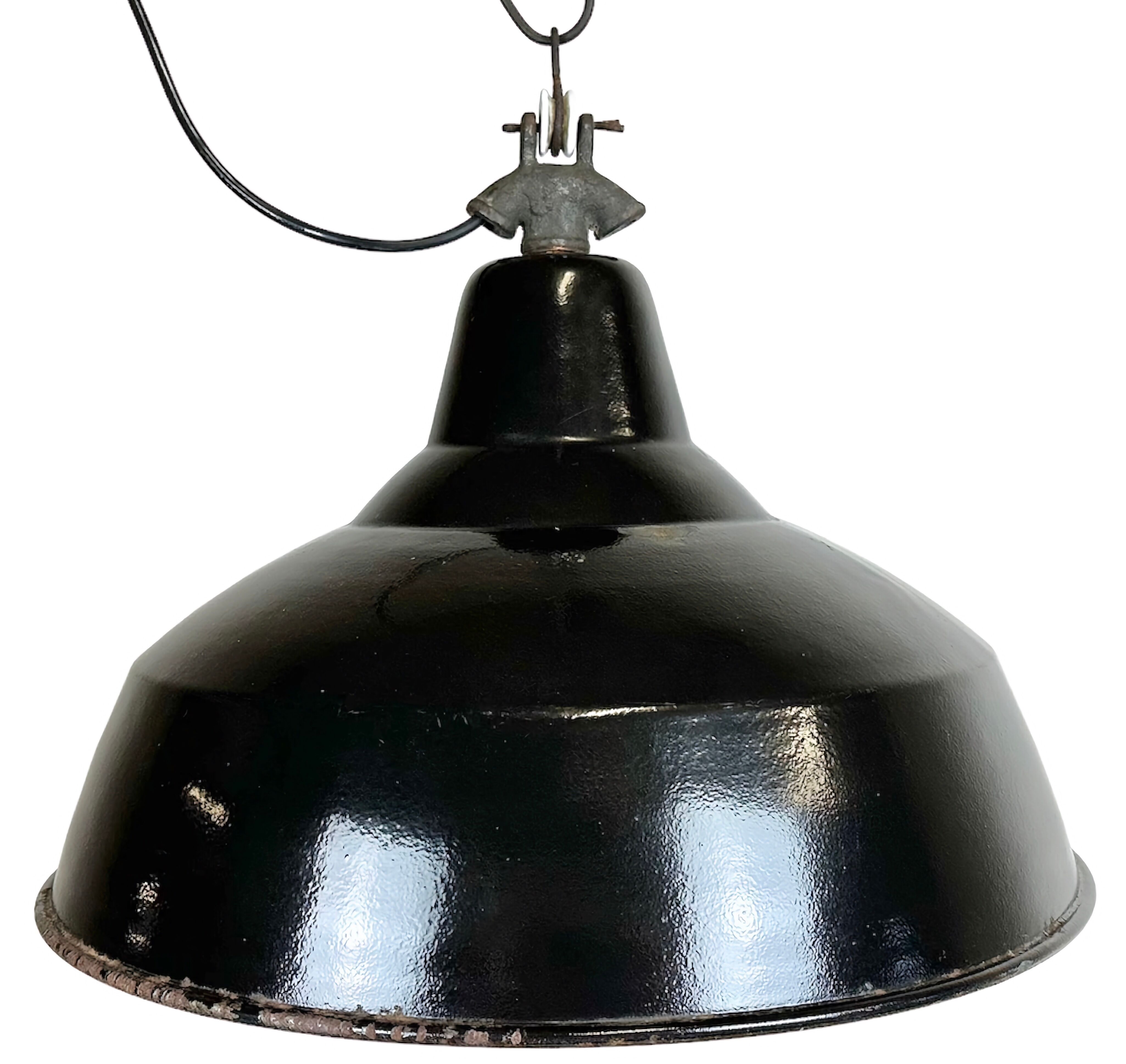 Industrial Black Enamel Factory Lamp with Cast Iron Top, 1950s