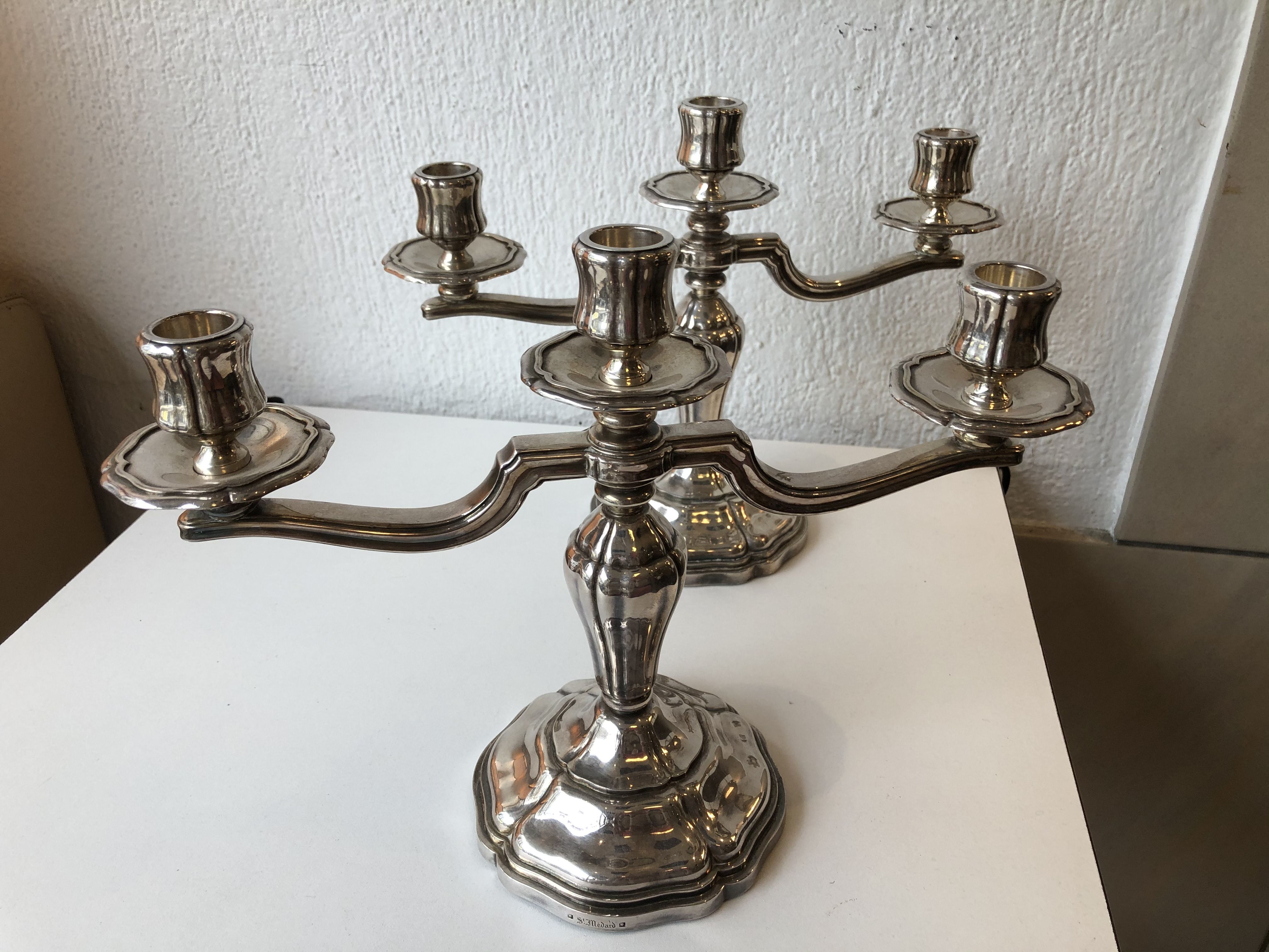Pair of Art Deco period candlesticks in silver metal around 1940 1950
