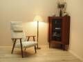 Danish floor lamp with wood and metal base, botanical fabric shade, 1960s