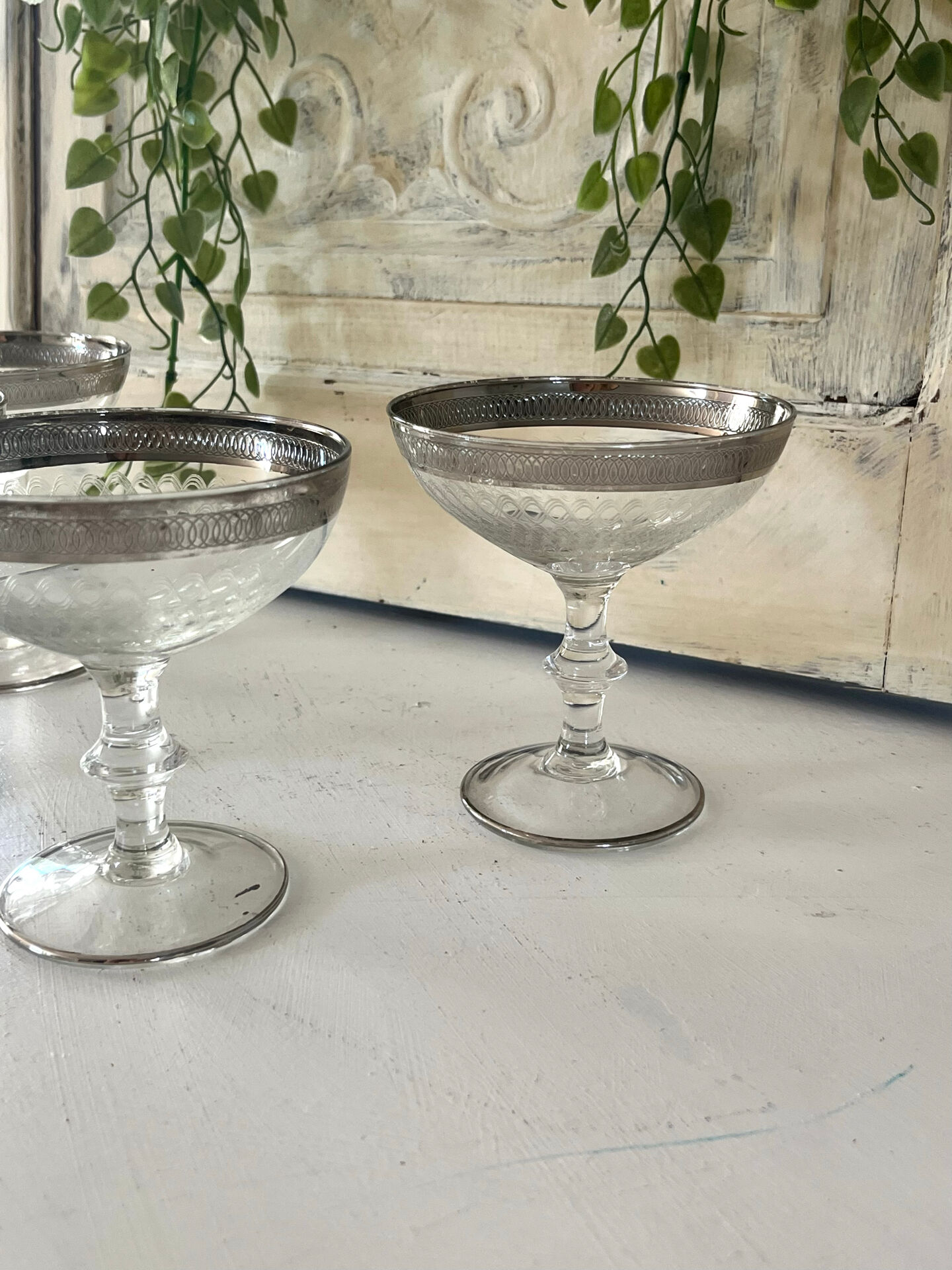 Etched silver rim cocktail coupe glasses set mid century barware