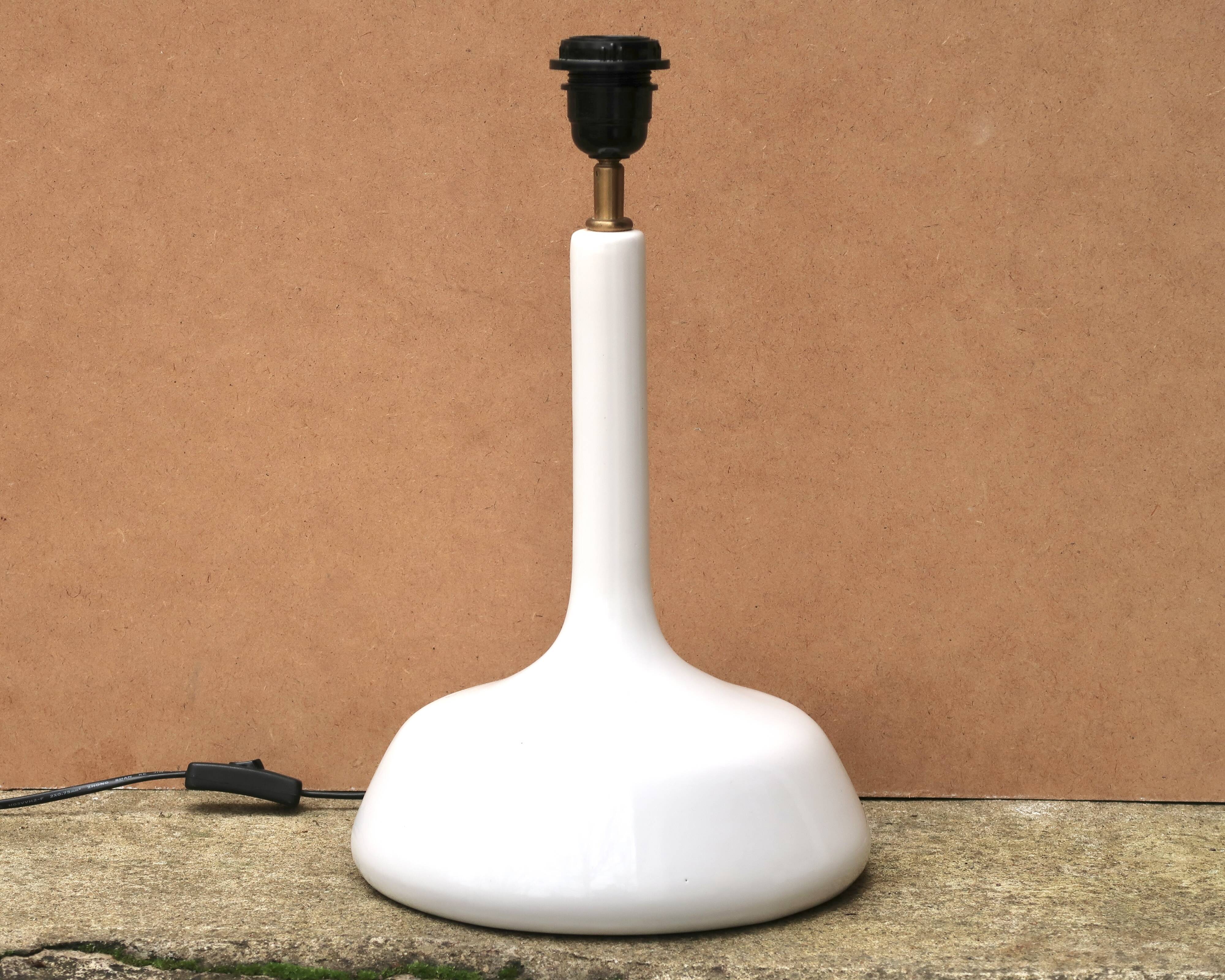 Large white ceramic lamp with raffia shade, 1970s