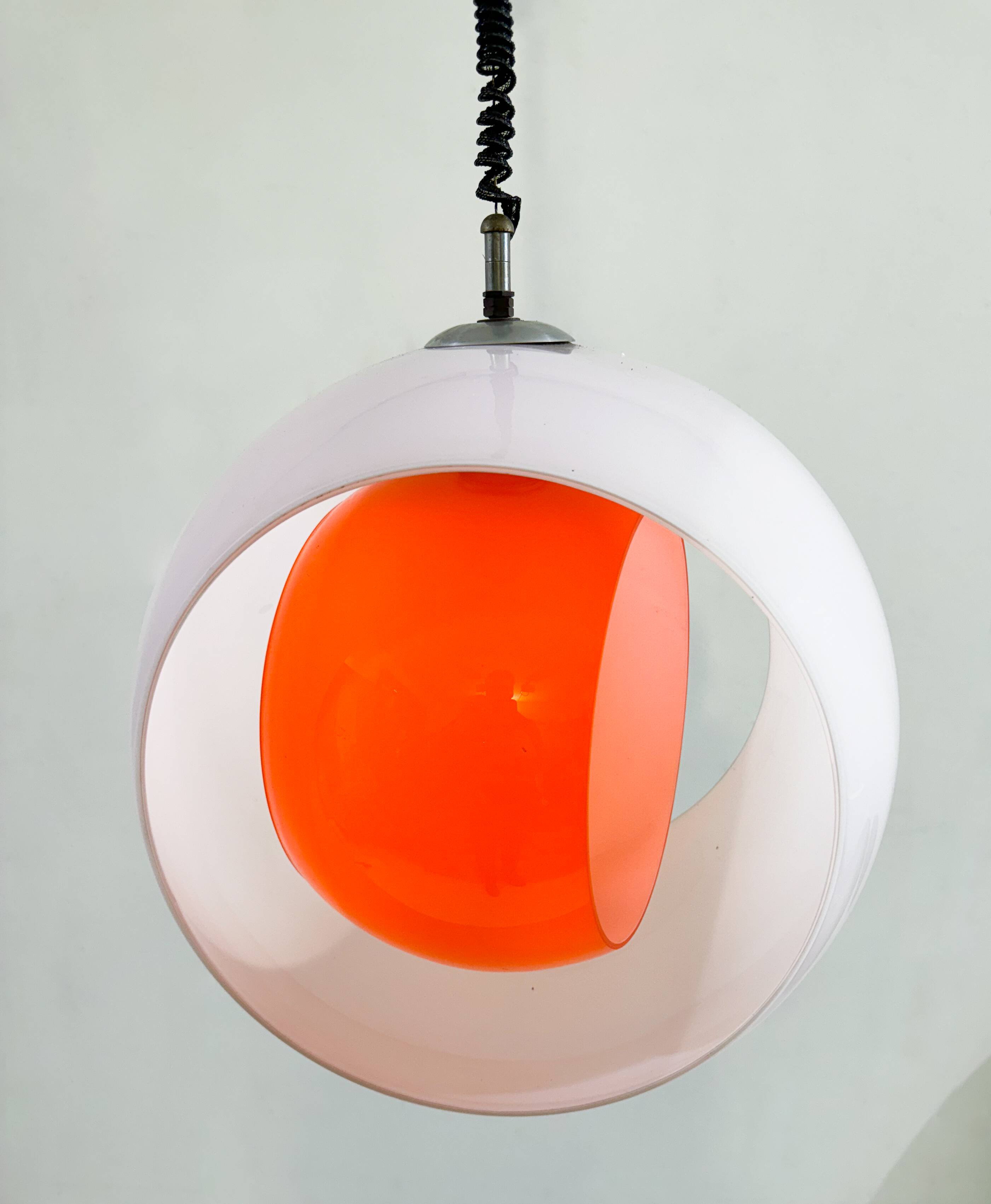 Mid-century Murano Glass White and Orange Suspension model "Eclisse" by Carlo Nason for Mazzega, Ita