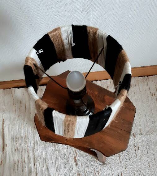 Vintage wooden, rope and wool lamp