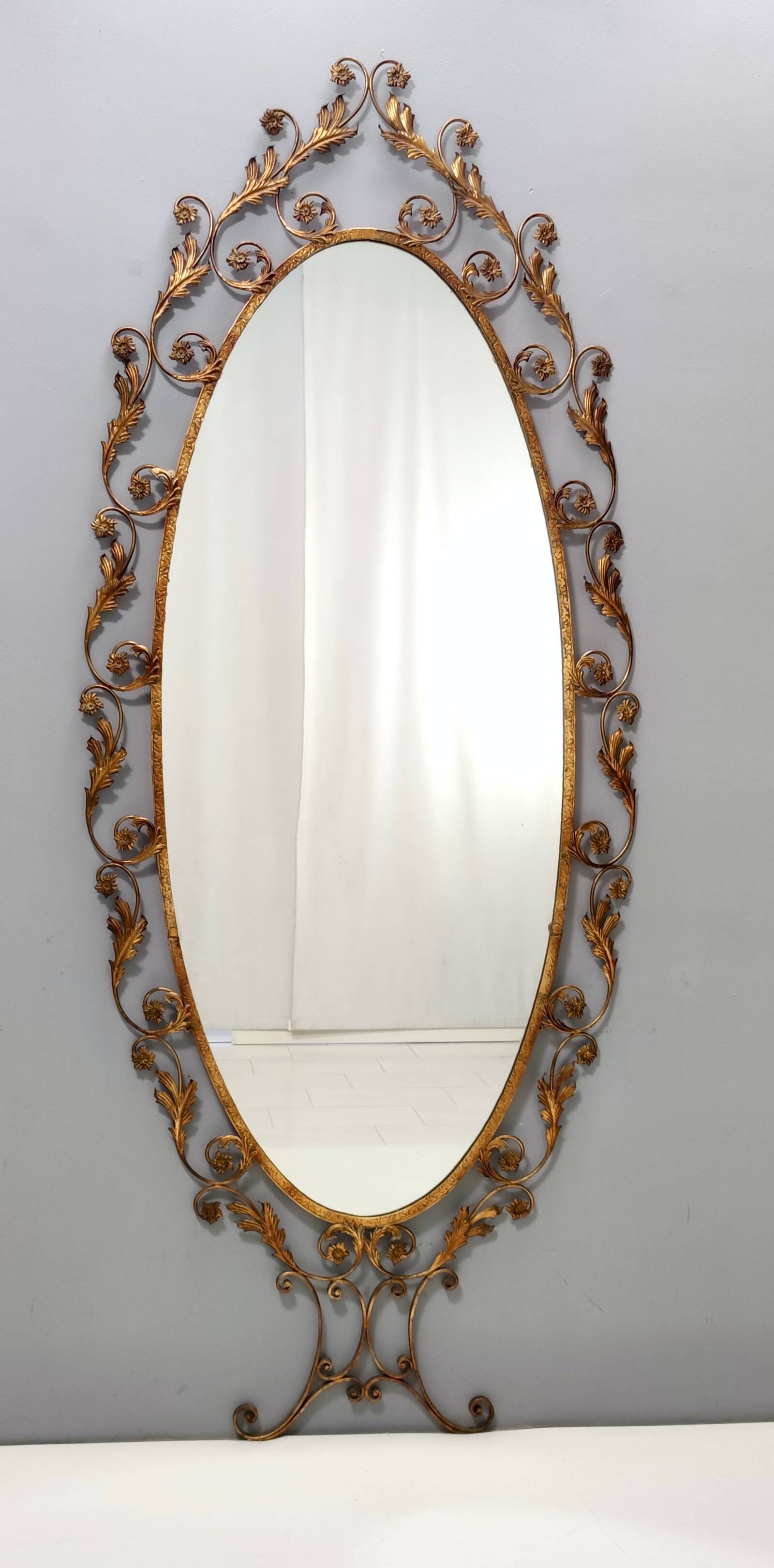 Entryway Mirror and Brass and Glass Console by Pierluigi Colli with Floral Frame