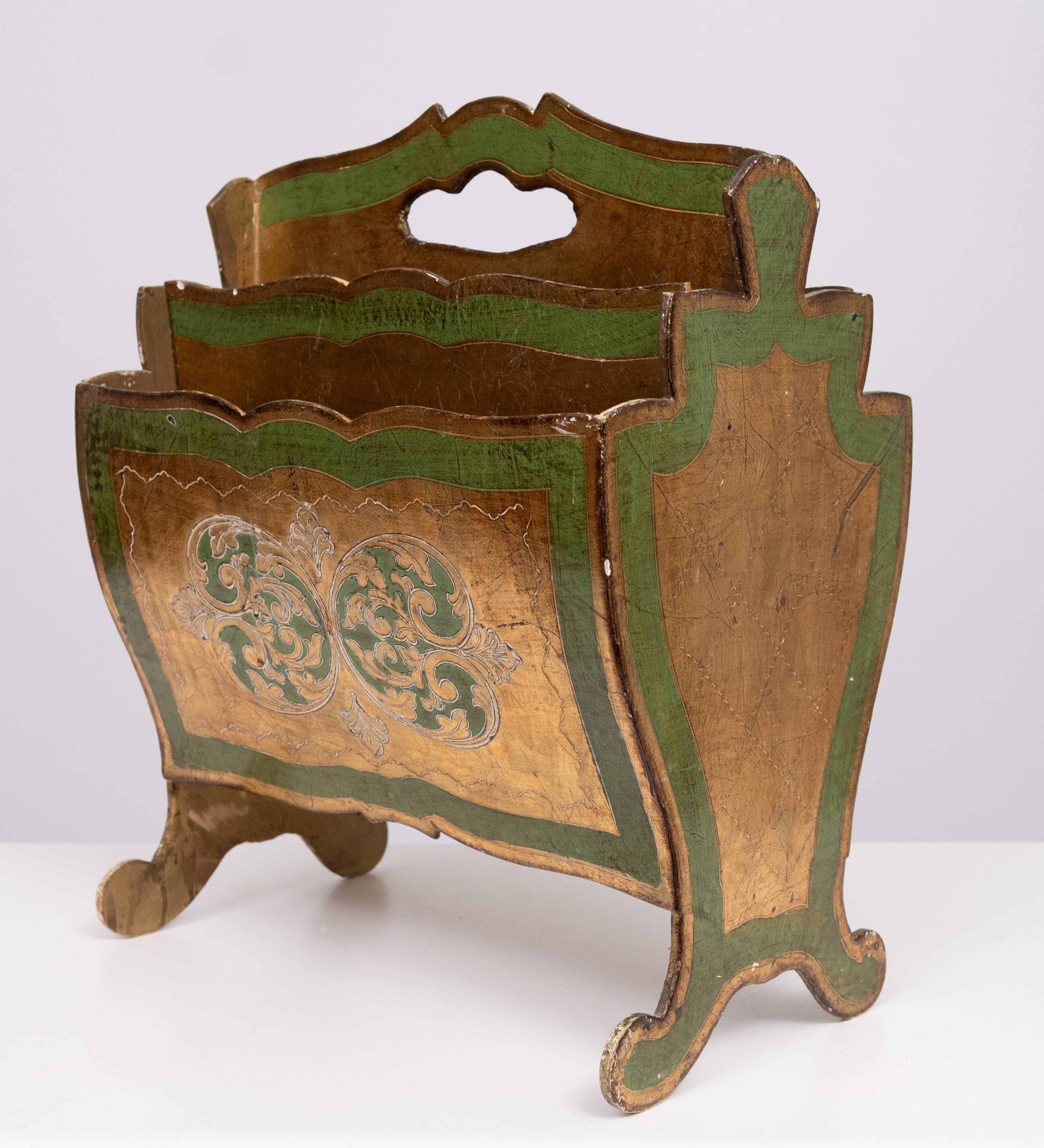 Set of 3 florentine newspaper rack, letter holder, paper basket 1960s italy