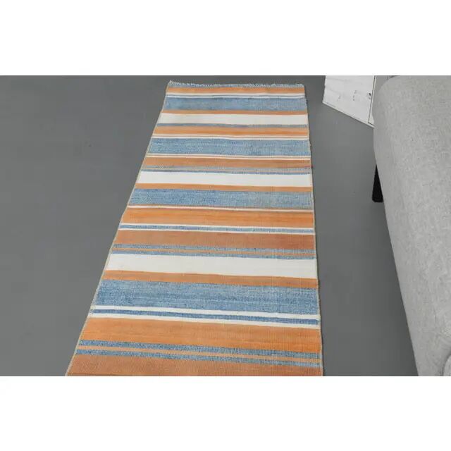 Vintage Turkish Hand-Knotted Wool Cotton Orange Runner Rug 55x319
