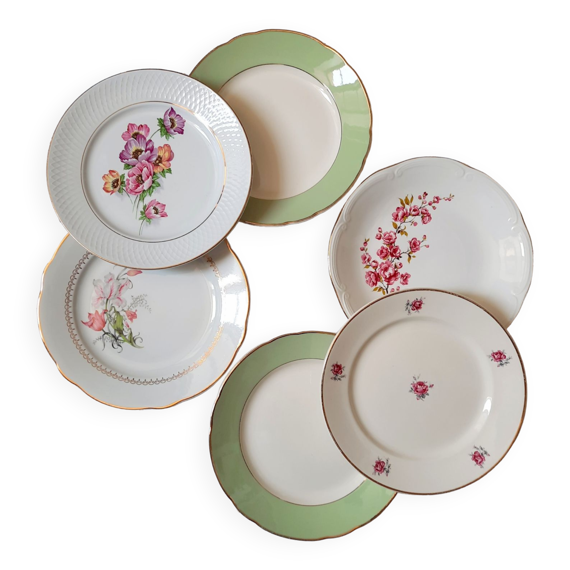 Flat antique earthenware plates with gilded edges