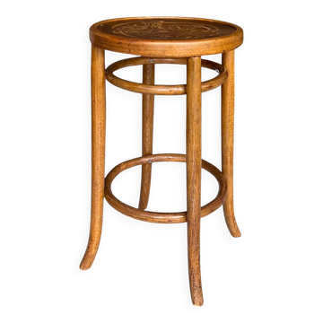 Ancien tabouret haut de bistrot en bois courbé et plateau à décor floral, style Thonet – vers 1900