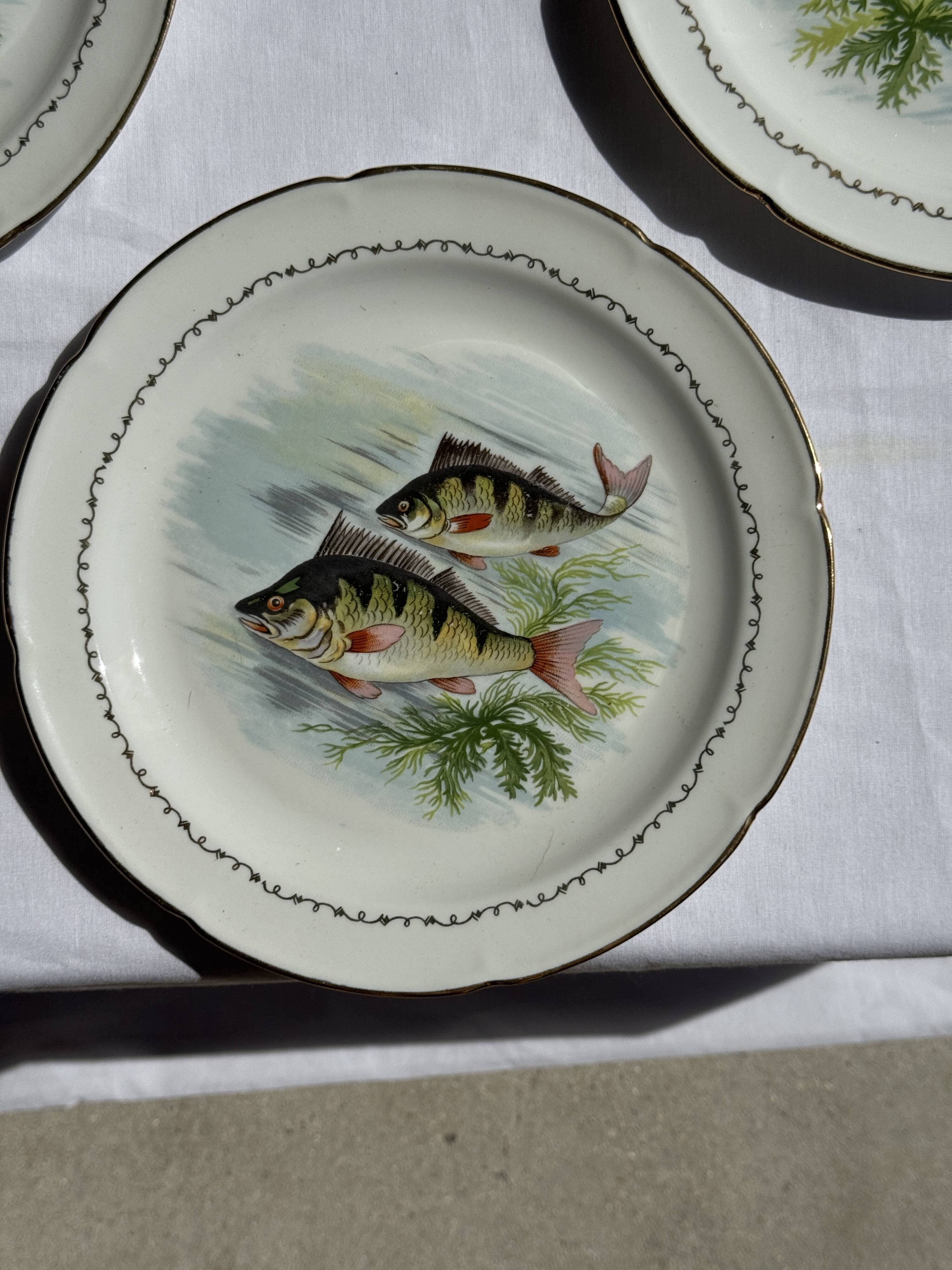 Set of 6 vintage Limoges porcelain plates with fish design.