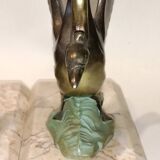 Art Deco bookends with metal swans, double patina and marble base.