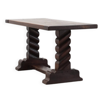 Dark Oak Coffee Table with Spiral‑Turned Trestle Legs, France, circa 1915