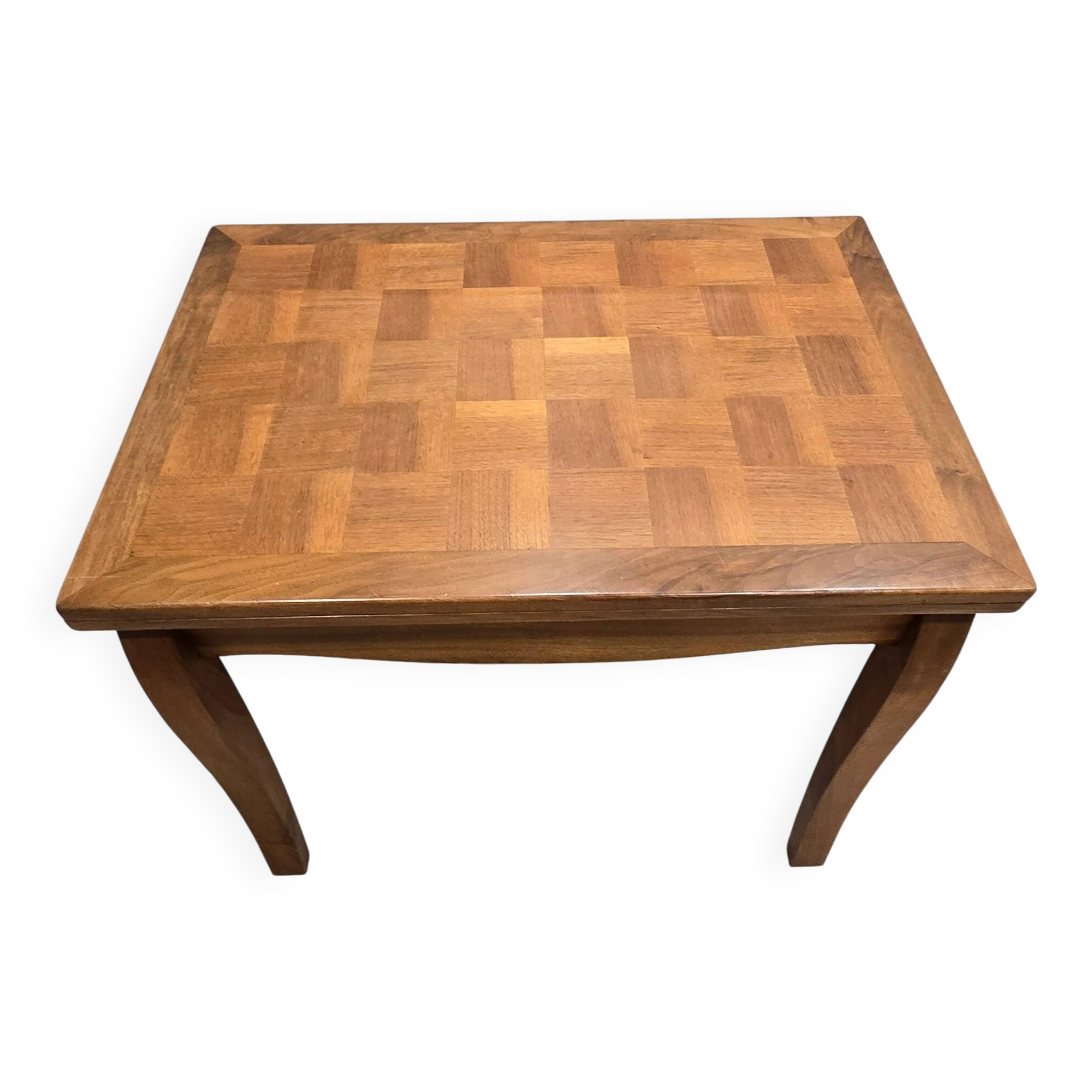 Table transformable vintage en bois de noyer et marqueterie