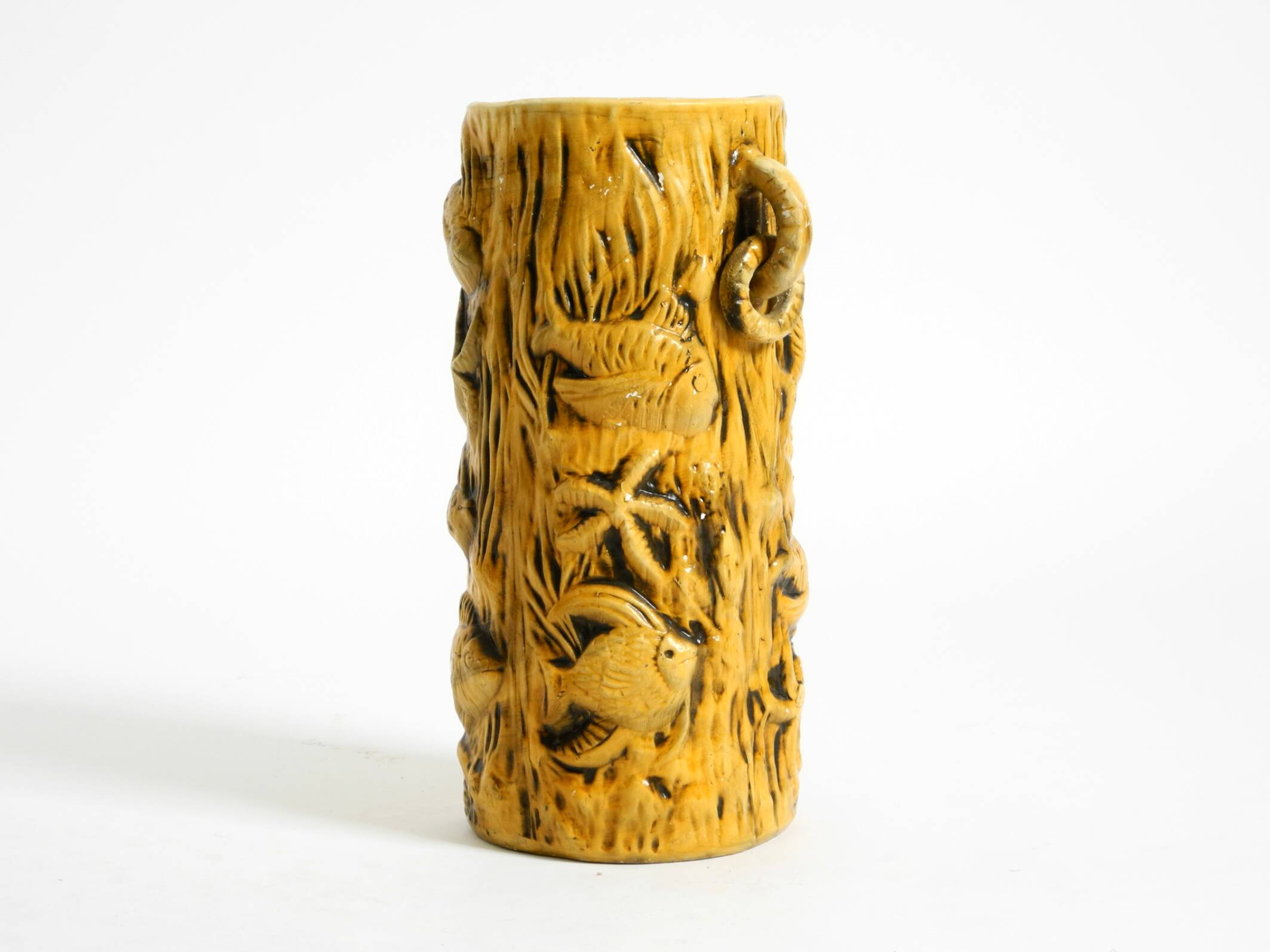 Large handmade glazed ceramic floor vase, handled vase with maritime motifs