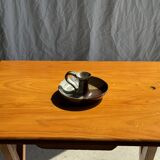 Small hand-held candle holder in two-tone brown and gray stoneware H6.5