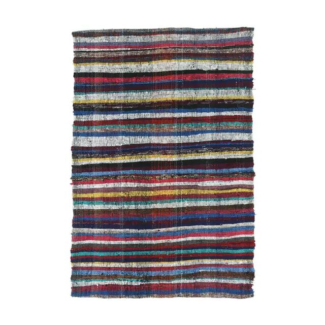 Tapis kilim vintage turc Oushak fait main en laine et coton bleu