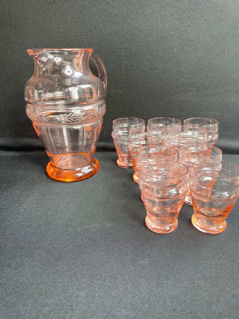 Service for 4 people - Art Deco - Glass or 1/2 pink crystal blown and cut