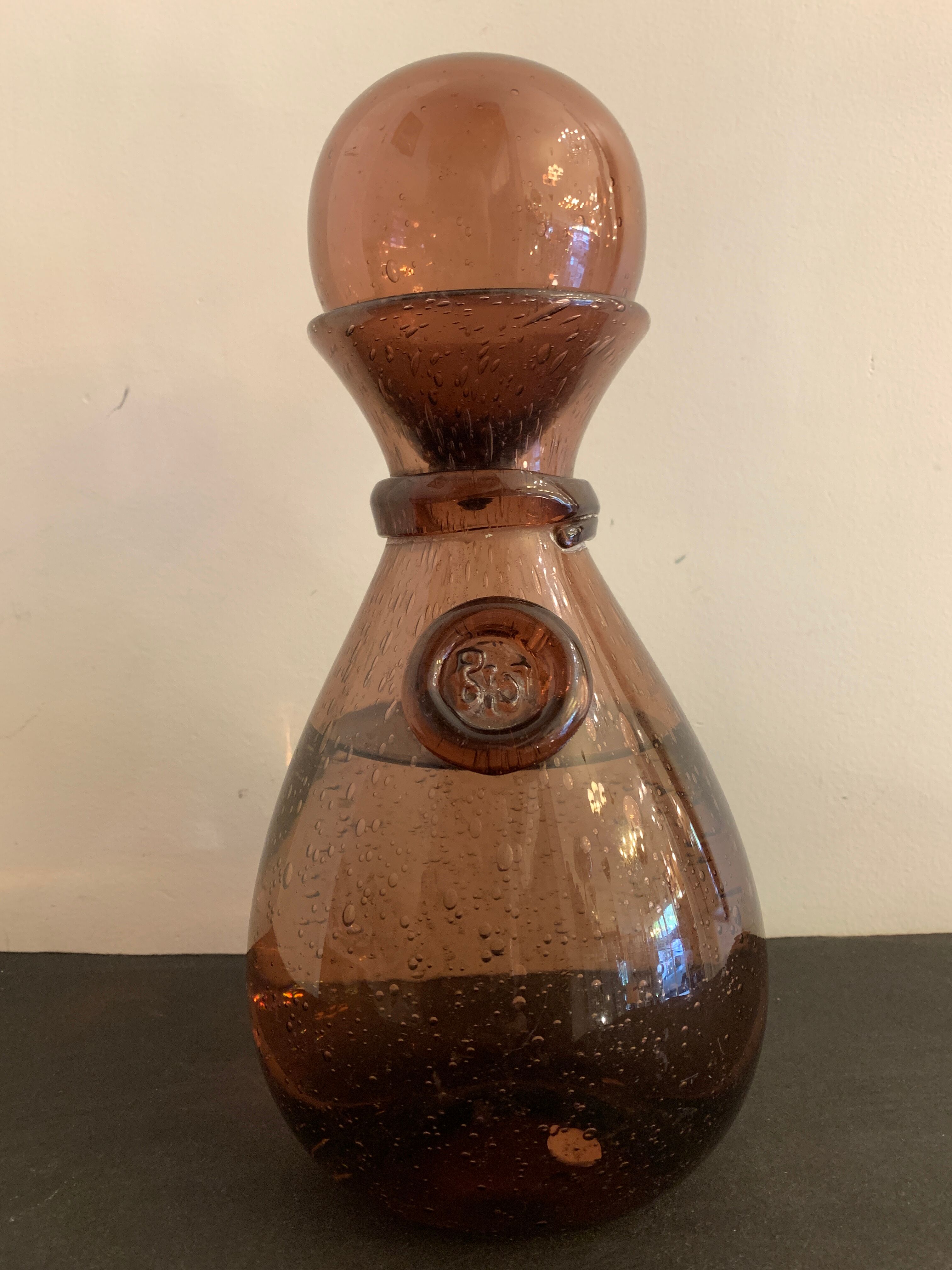 Biot blown glass wine decanter, pink color of the sands