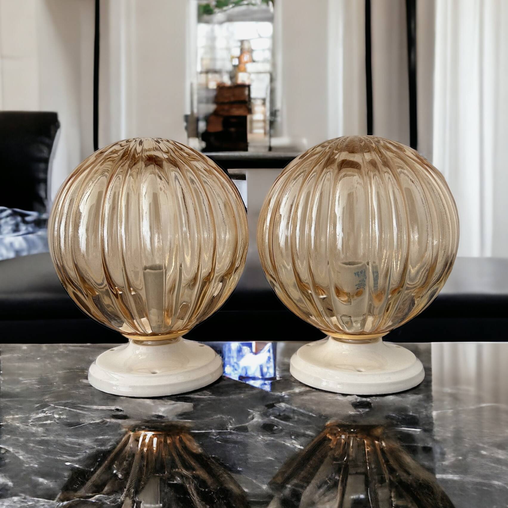 Pair of vintage golden globe wall or ceiling lights